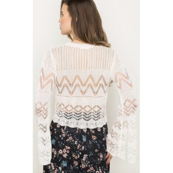 Anthropologie Mystree Pointelle Cropped Sweater Bell Sleeve Top - Picture 4 of 12